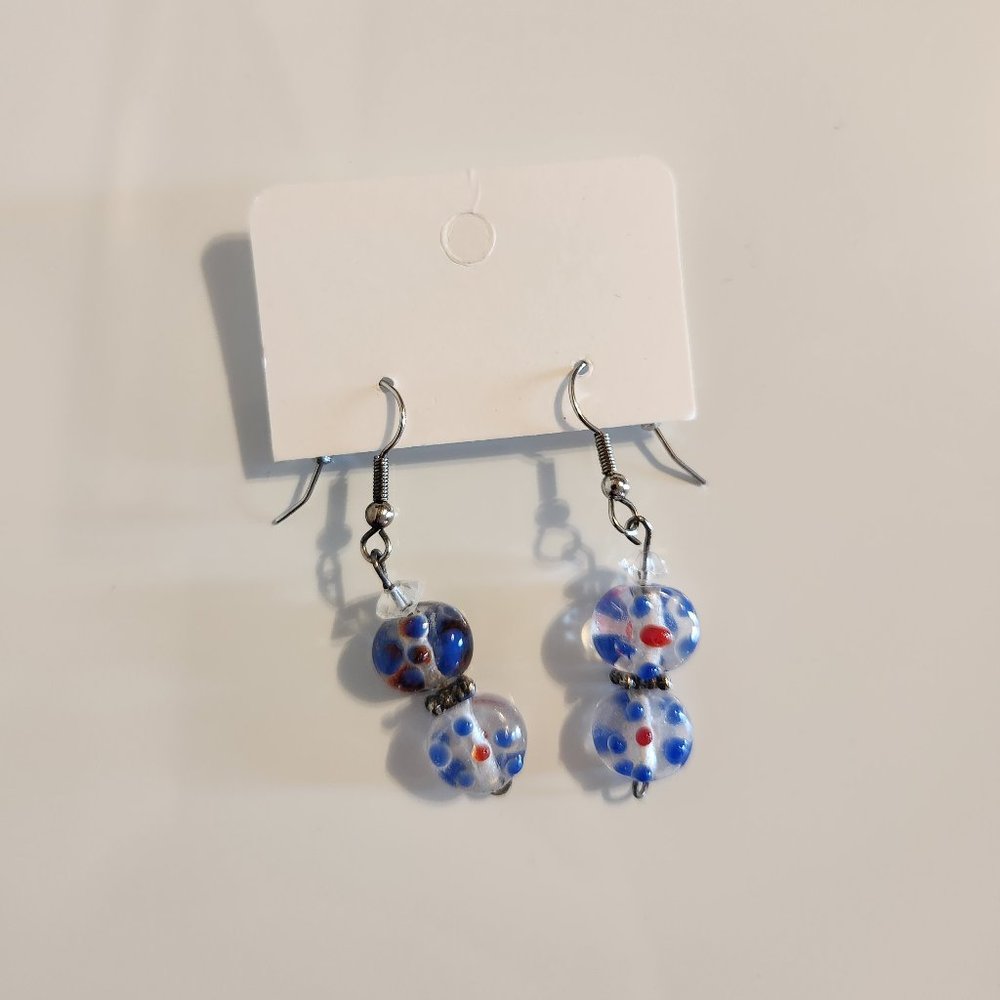 Clear, Blue and Red Dangle Drop Earrings